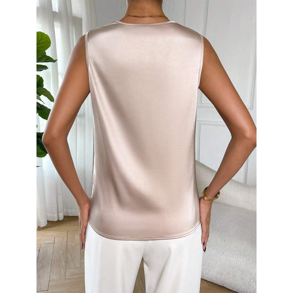 Top de satén con cuello drapeado para mujer-Blouses for women-Casaluzia