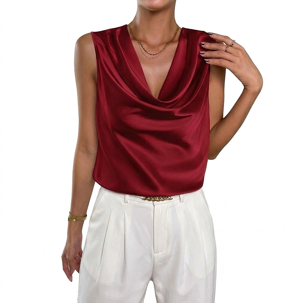 Top de satén con cuello drapeado para mujer-Blouses for women-Casaluzia