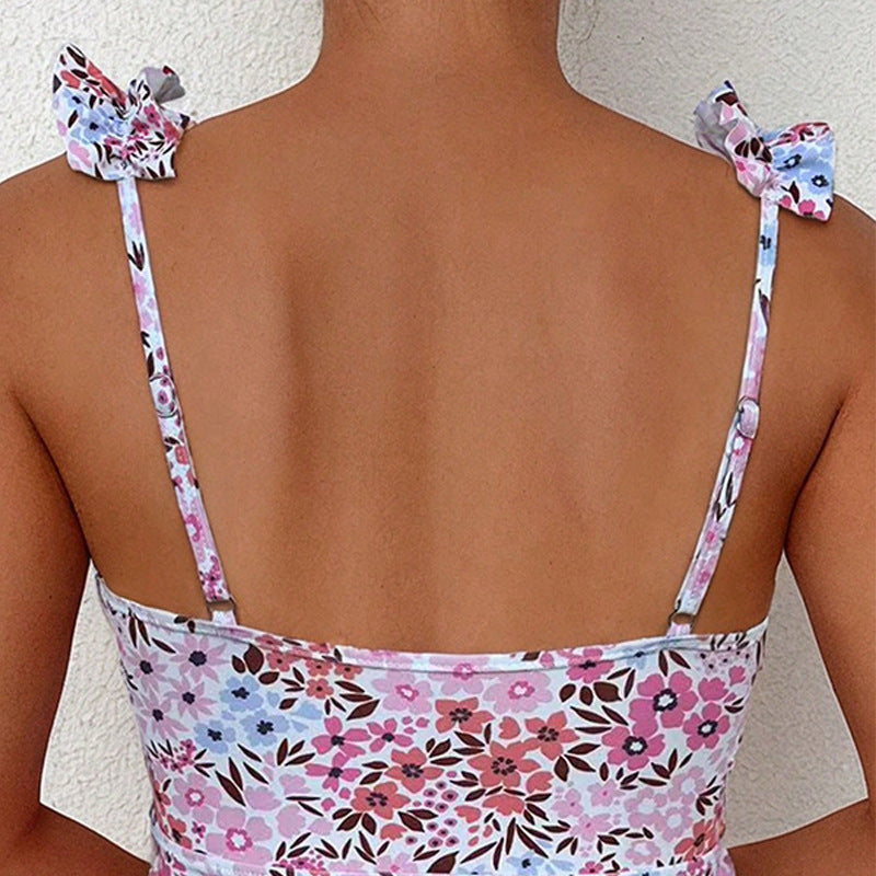 Top de tankini de natación con estampado floral y volantes para mujer-Swimwear for Women-Casaluzia