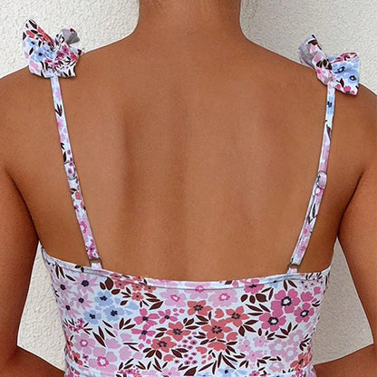 Top de tankini de natación con estampado floral y volantes para mujer-Swimwear for Women-Casaluzia