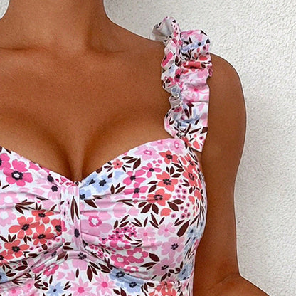 Top de tankini de natación con estampado floral y volantes para mujer-Swimwear for Women-Casaluzia