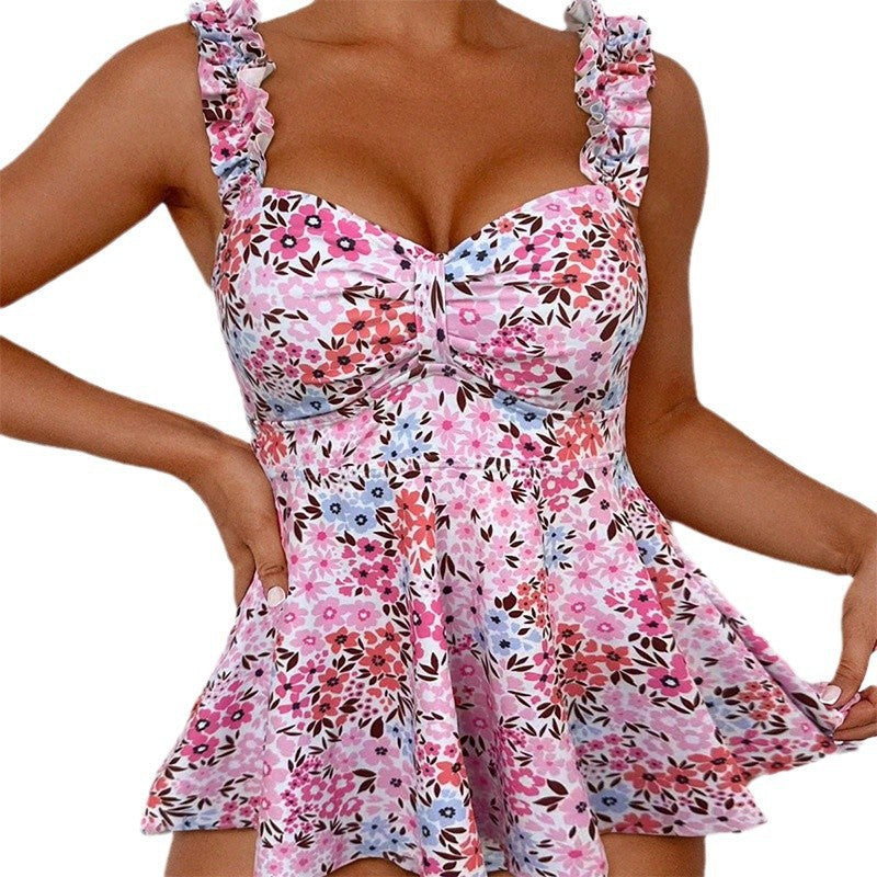 Top de tankini de natación con estampado floral y volantes para mujer-Swimwear for Women-Casaluzia