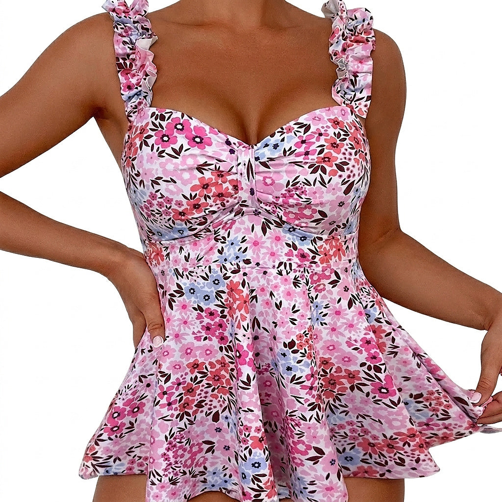 Top de tankini de natación con estampado floral y volantes para mujer-Swimwear for Women-Casaluzia