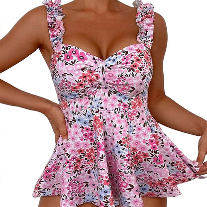 Top de tankini de natación con estampado floral y volantes para mujer-Swimwear for Women-Casaluzia