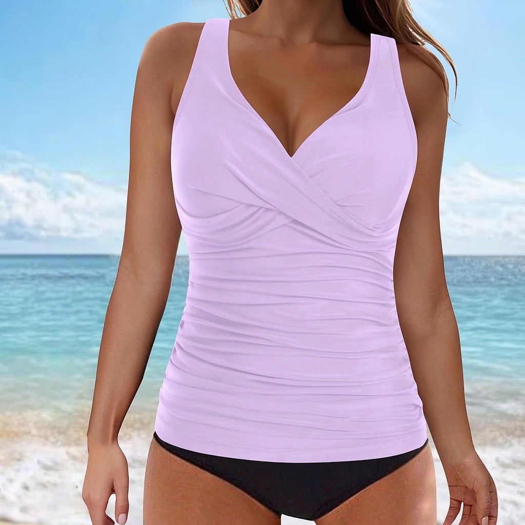 Top de Tankini sin mangas con cuello en V y fruncido para mujer-Swimwear for Women-Casaluzia
