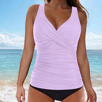 Top de Tankini sin mangas con cuello en V y fruncido para mujer-Swimwear for Women-Casaluzia