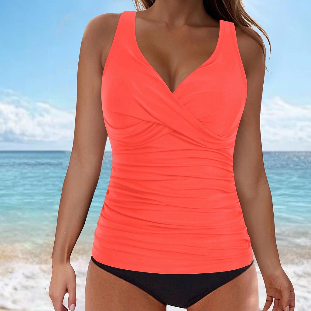 Top de Tankini sin mangas con cuello en V y fruncido para mujer-Swimwear for Women-Casaluzia