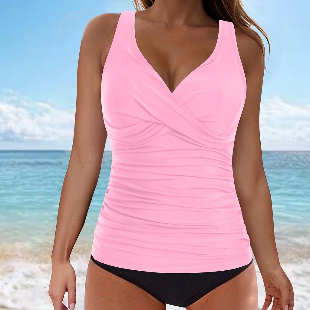 Top de Tankini sin mangas con cuello en V y fruncido para mujer-Swimwear for Women-Casaluzia