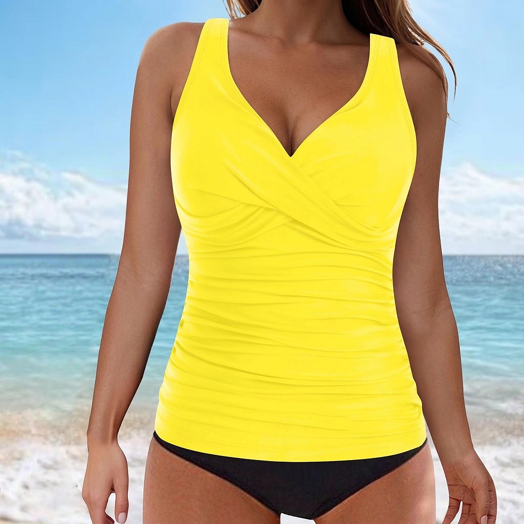Top de Tankini sin mangas con cuello en V y fruncido para mujer-Swimwear for Women-Casaluzia