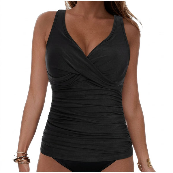 Top de Tankini sin mangas con cuello en V y fruncido para mujer
