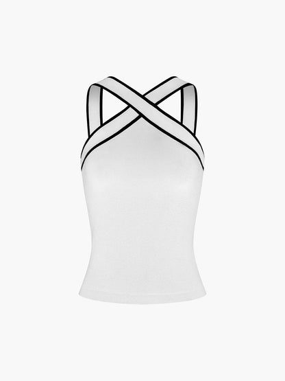 Top de tirantes de mujer con cuello halter, tiras cruzadas y borde en contraste-Tops for women-Casaluzia