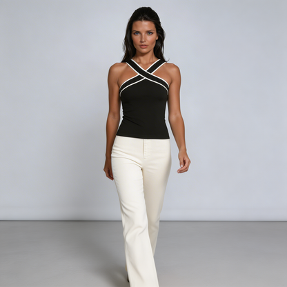 Top de tirantes de mujer con cuello halter, tiras cruzadas y borde en contraste-Tops for women-Casaluzia