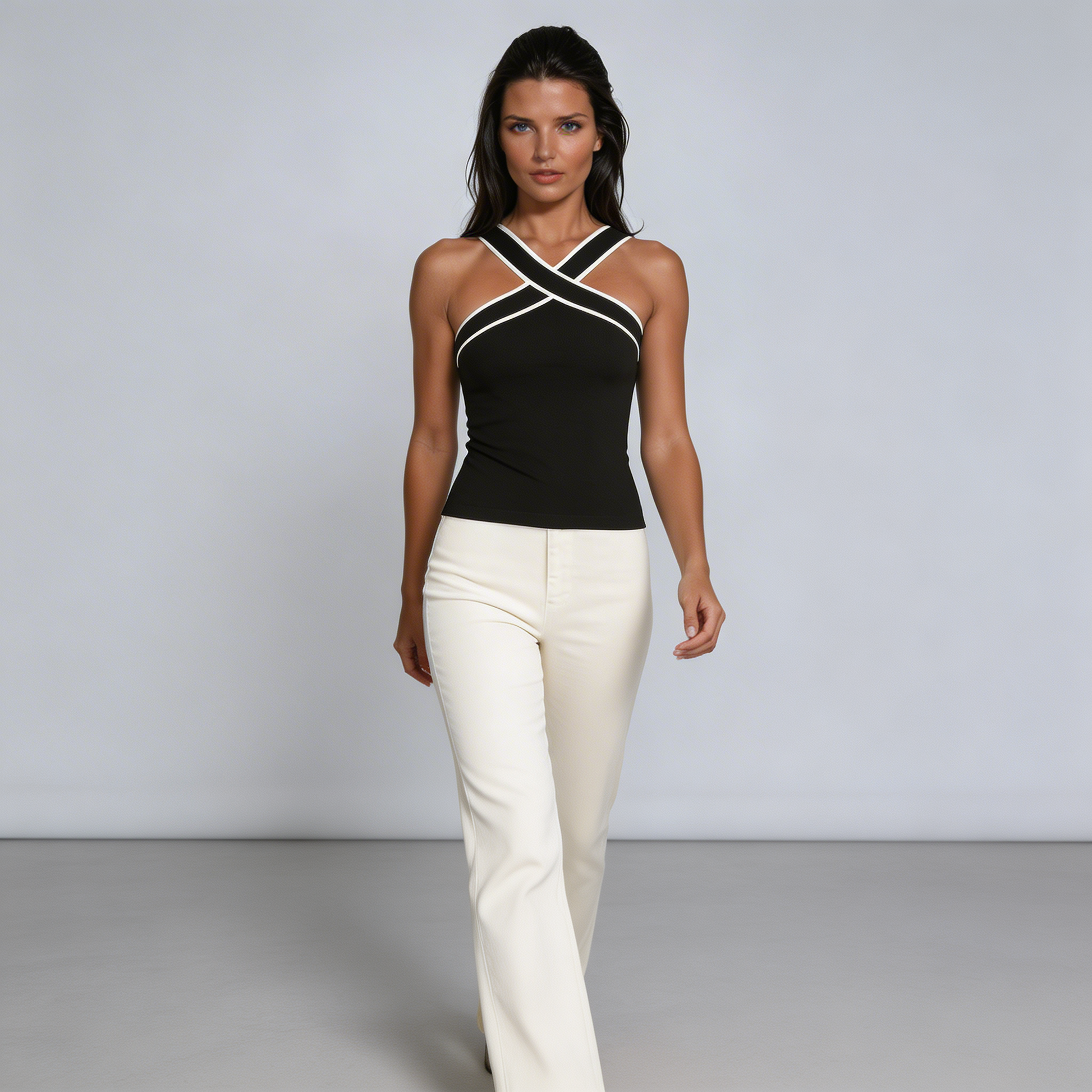 Top de tirantes de mujer con cuello halter, tiras cruzadas y borde en contraste-Tops for women-Casaluzia