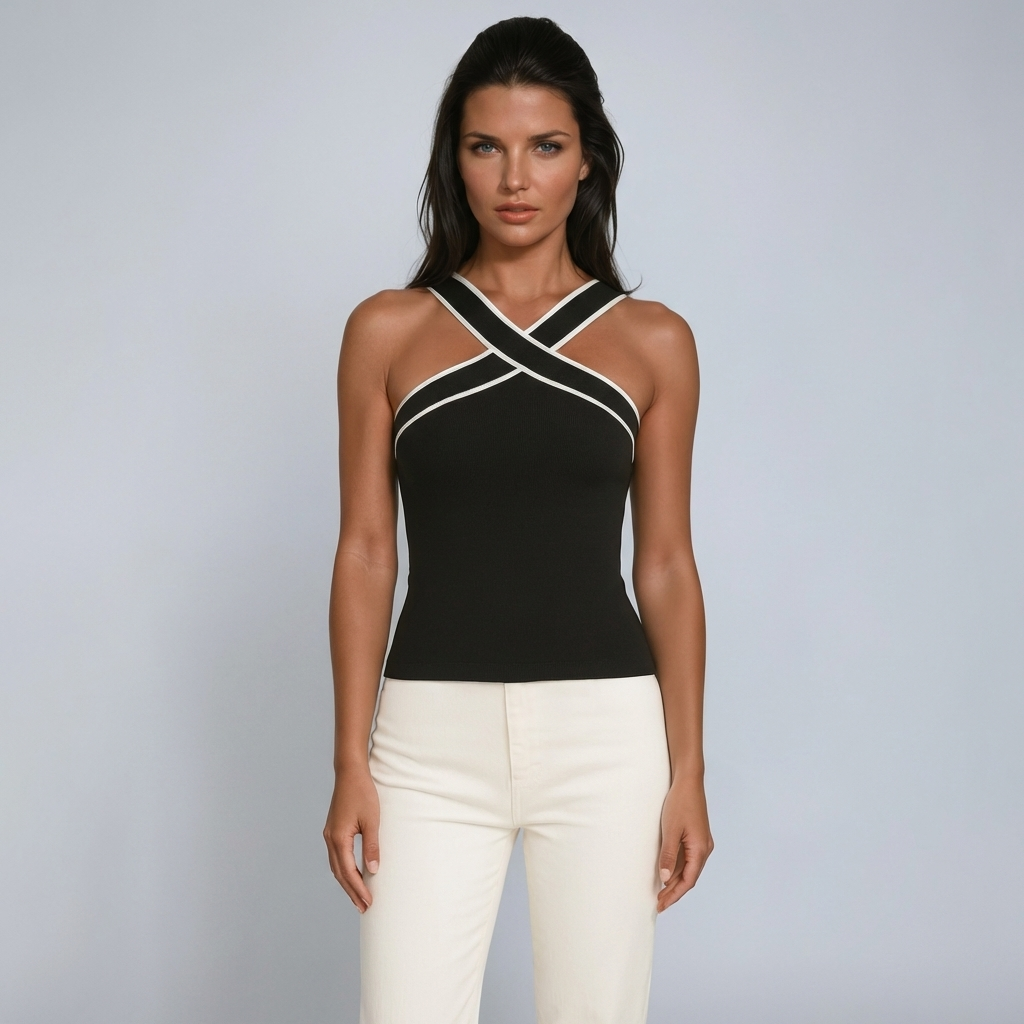 Top de tirantes de mujer con cuello halter, tiras cruzadas y borde en contraste-Tops for women-Casaluzia