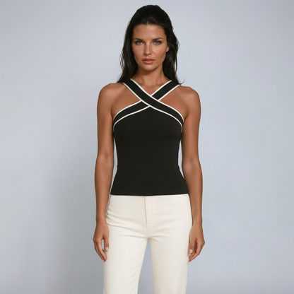 Top de tirantes de mujer con cuello halter, tiras cruzadas y borde en contraste-Tops for women-Casaluzia