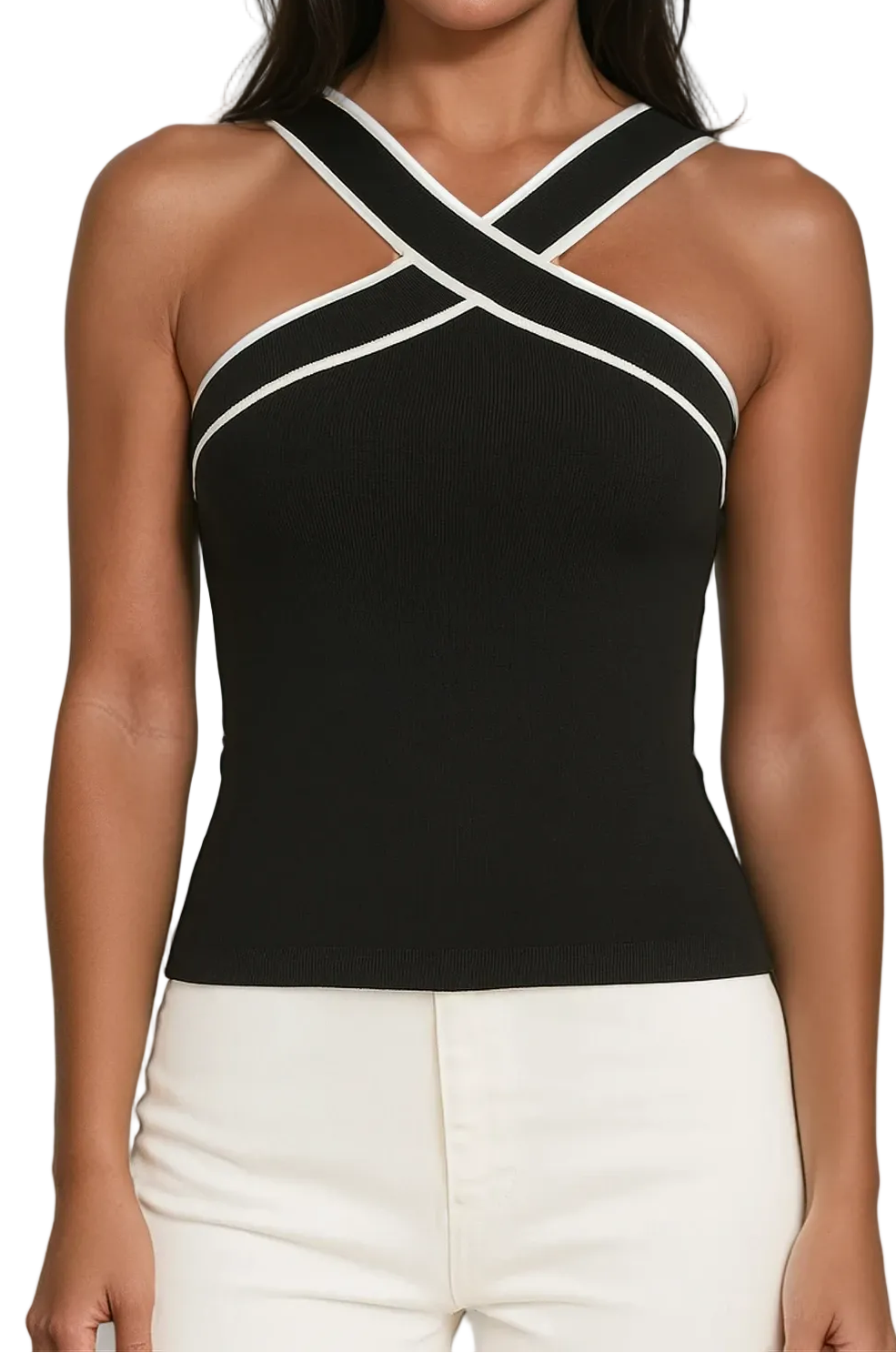 Top de tirantes de mujer con cuello halter, tiras cruzadas y borde en contraste-Tops for women-Casaluzia