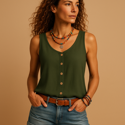 Top sin mangas con cuello en V para mujer con botones frontales y dobladillo redondeado-Tops for women-Casaluzia
