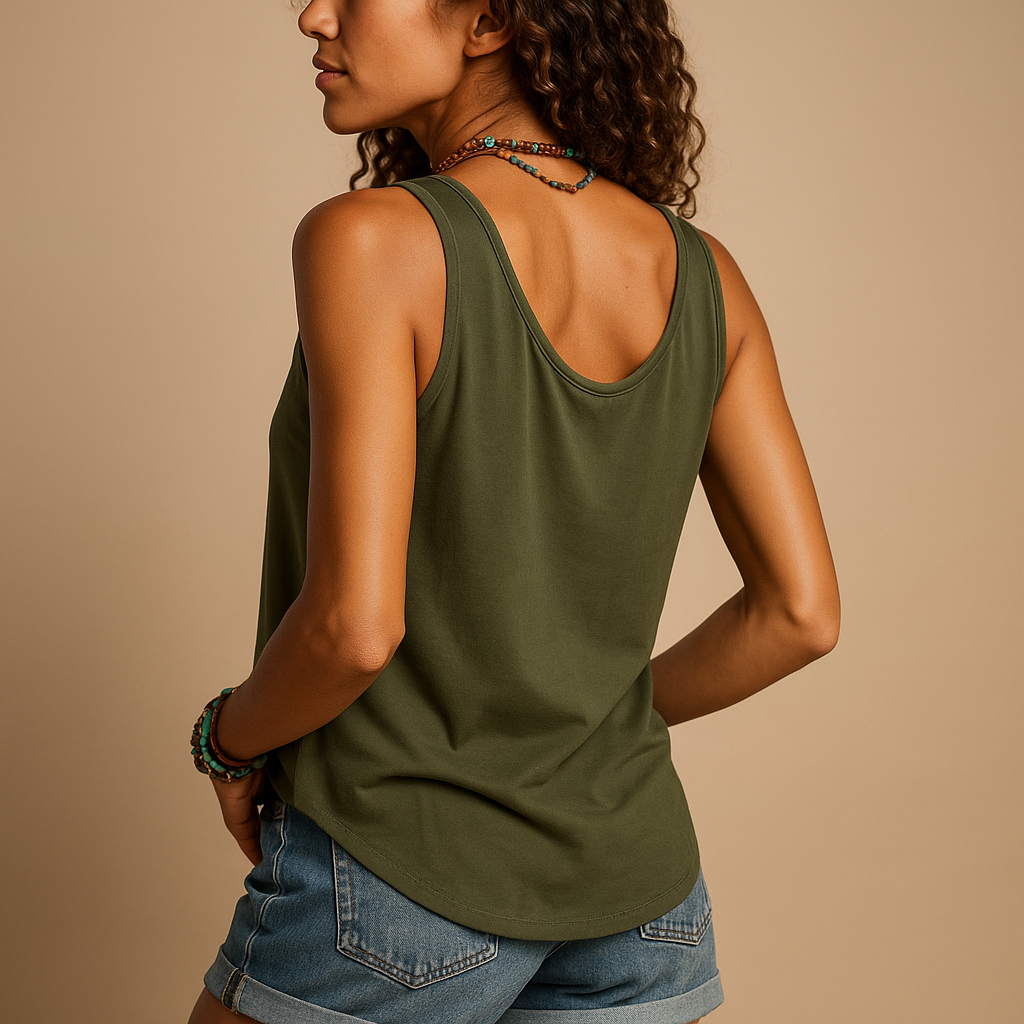 Top sin mangas con cuello en V para mujer con botones frontales y dobladillo redondeado-Tops for women-Casaluzia