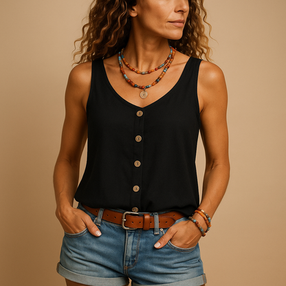 Top sin mangas con cuello en V para mujer con botones frontales y dobladillo redondeado-Tops for women-Casaluzia