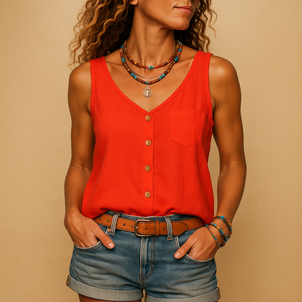 Top sin mangas con cuello en V para mujer con botones frontales y dobladillo redondeado-Tops for women-Casaluzia