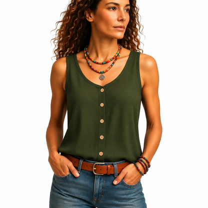 Top sin mangas con cuello en V para mujer con botones frontales y dobladillo redondeado-Tops for women-Casaluzia