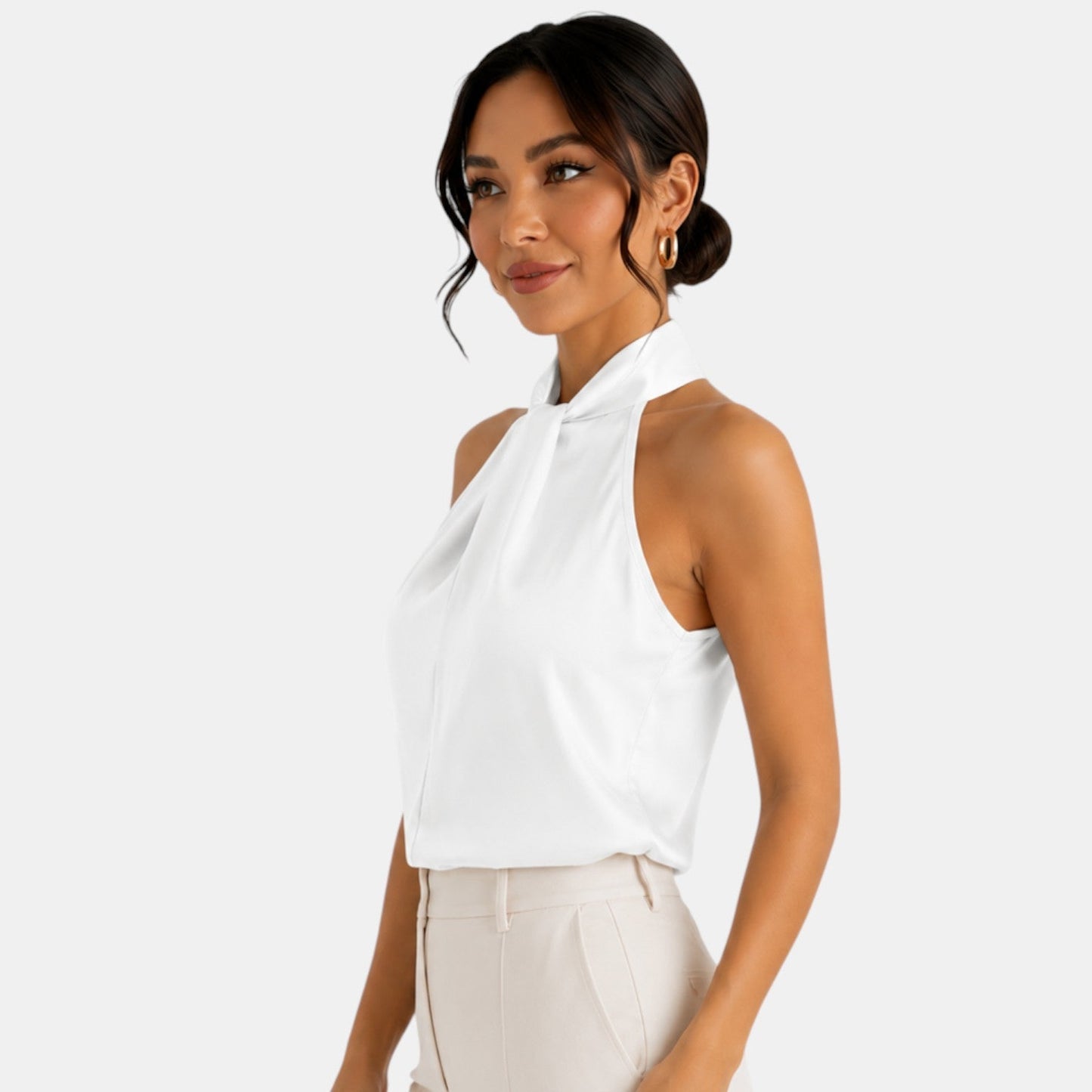 Top sin mangas con cuello halter de satén para mujer-Blouses for women-Casaluzia