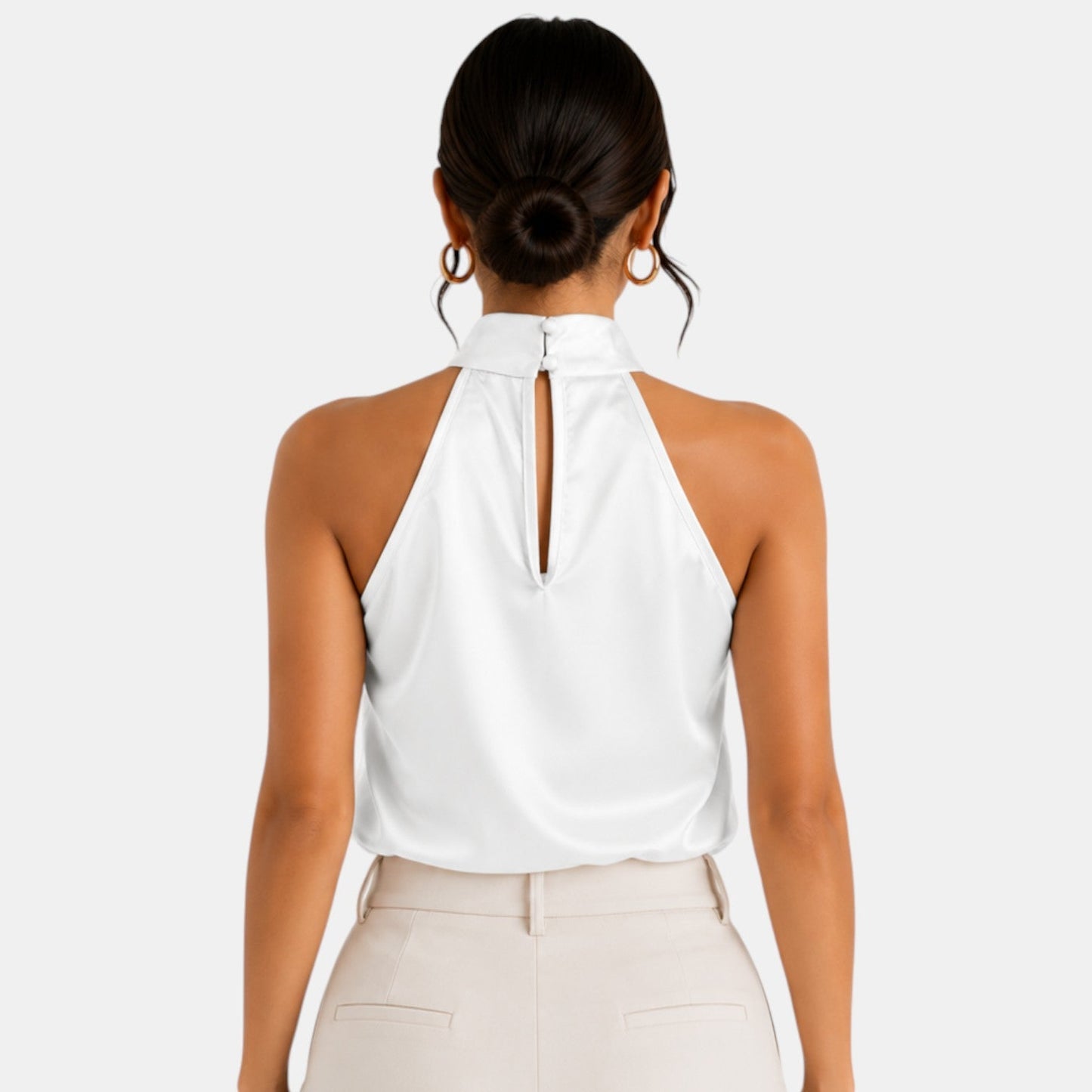 Top sin mangas con cuello halter de satén para mujer-Blouses for women-Casaluzia