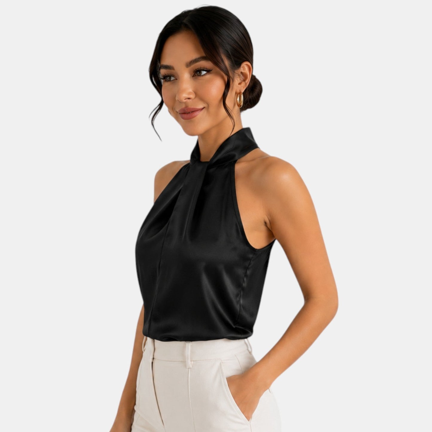 Top sin mangas con cuello halter de satén para mujer-Blouses for women-Casaluzia