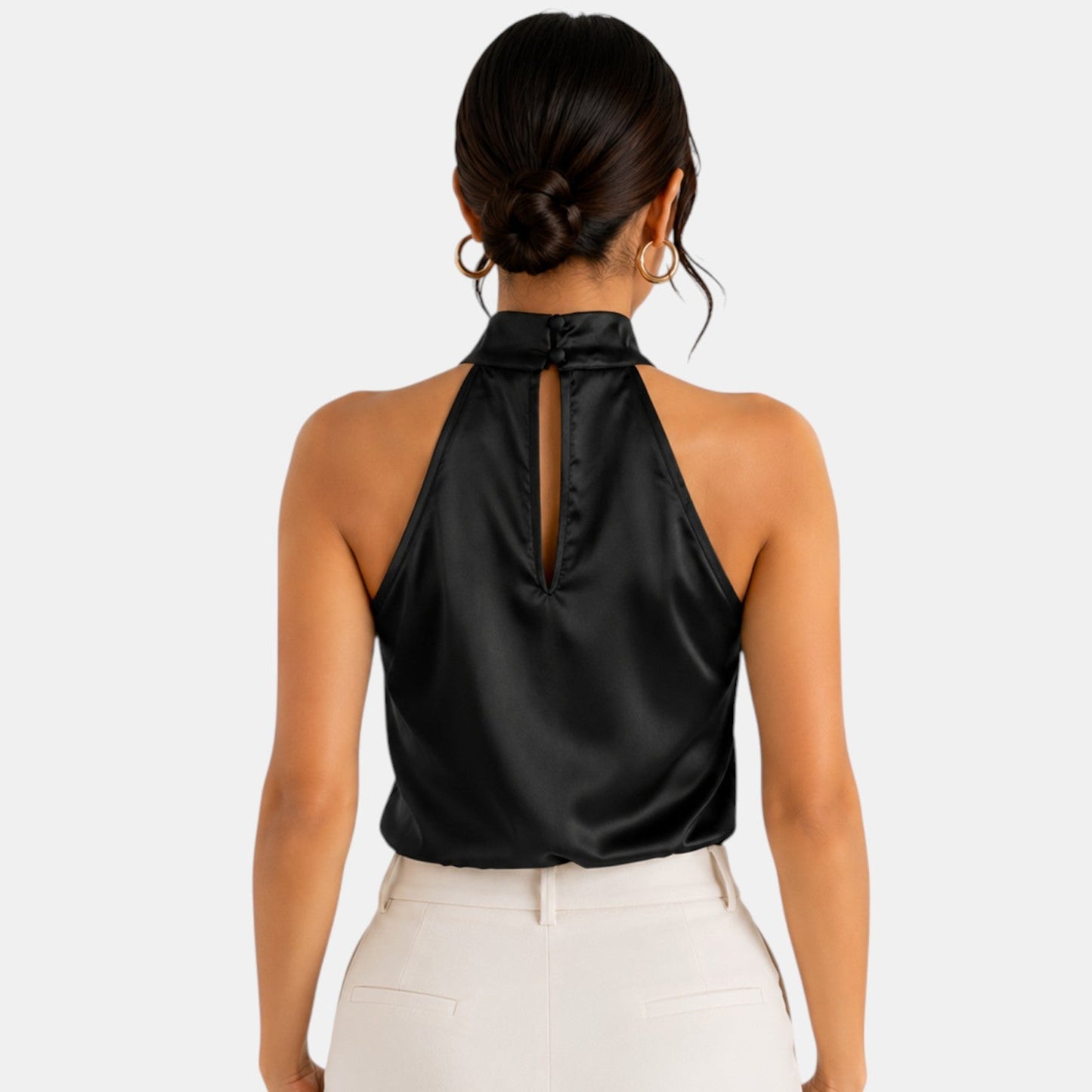 Top sin mangas con cuello halter de satén para mujer-Blouses for women-Casaluzia