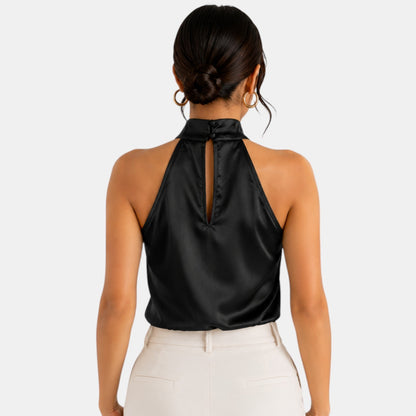 Top sin mangas con cuello halter de satén para mujer-Blouses for women-Casaluzia