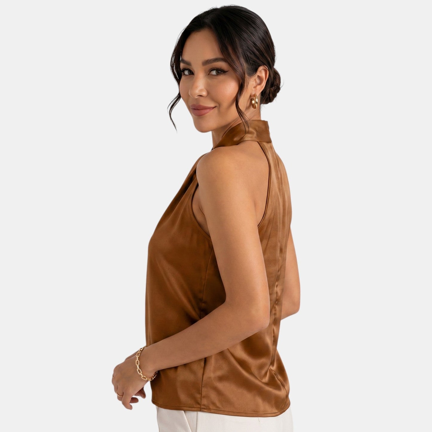 Top sin mangas con cuello halter de satén para mujer-Blouses for women-Casaluzia