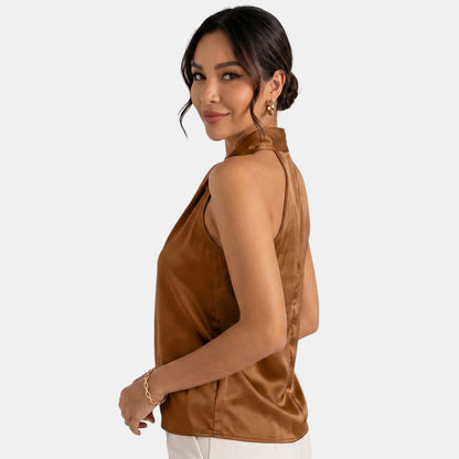 Top sin mangas con cuello halter de satén para mujer-Blouses for women-Casaluzia