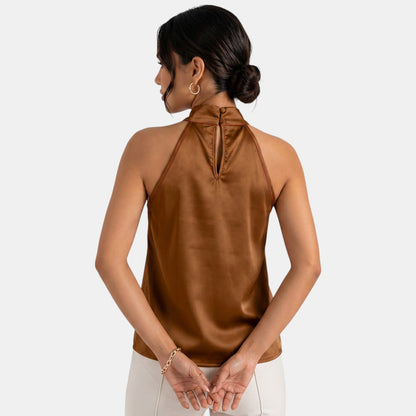 Top sin mangas con cuello halter de satén para mujer-Blouses for women-Casaluzia