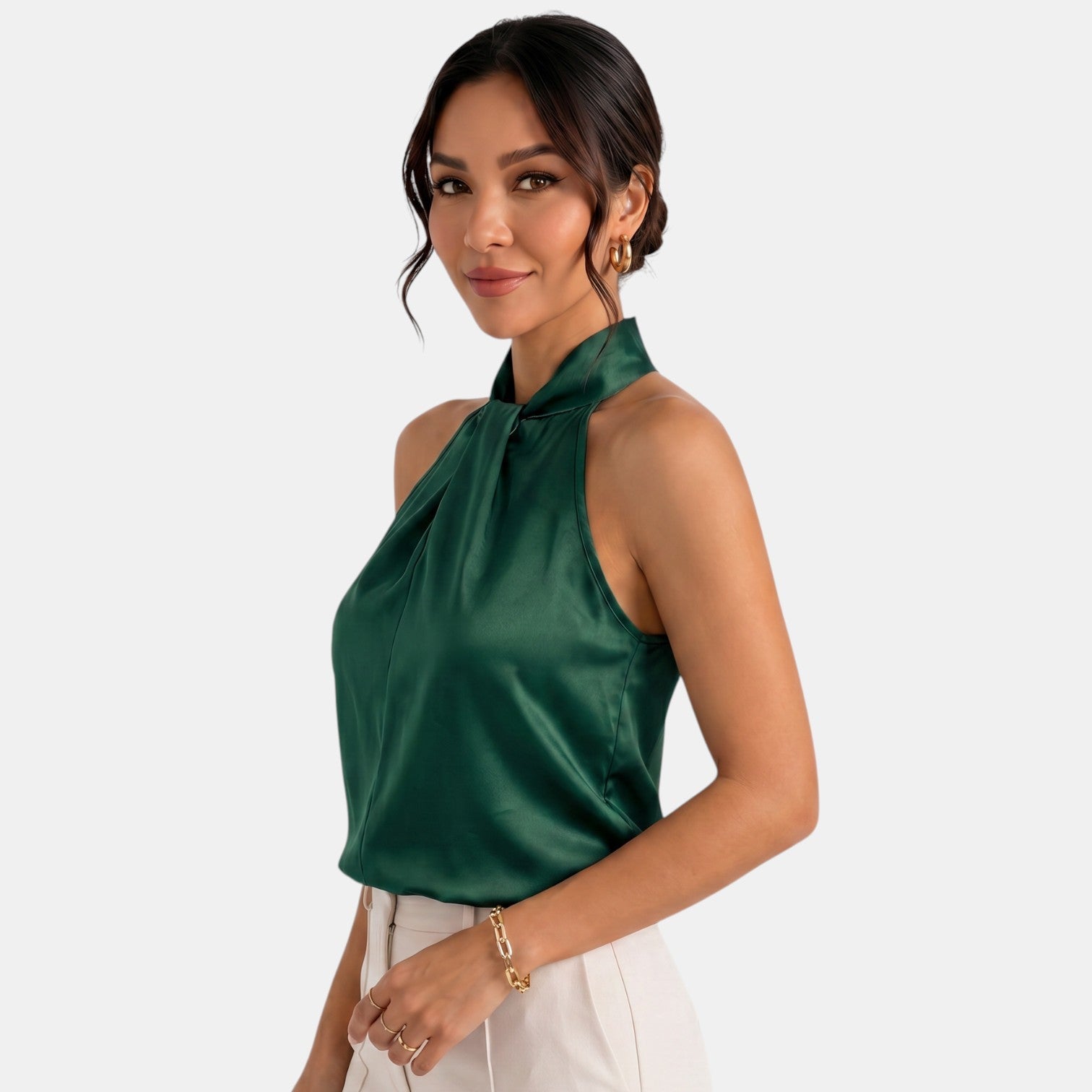 Top sin mangas con cuello halter de satén para mujer-Blouses for women-Casaluzia