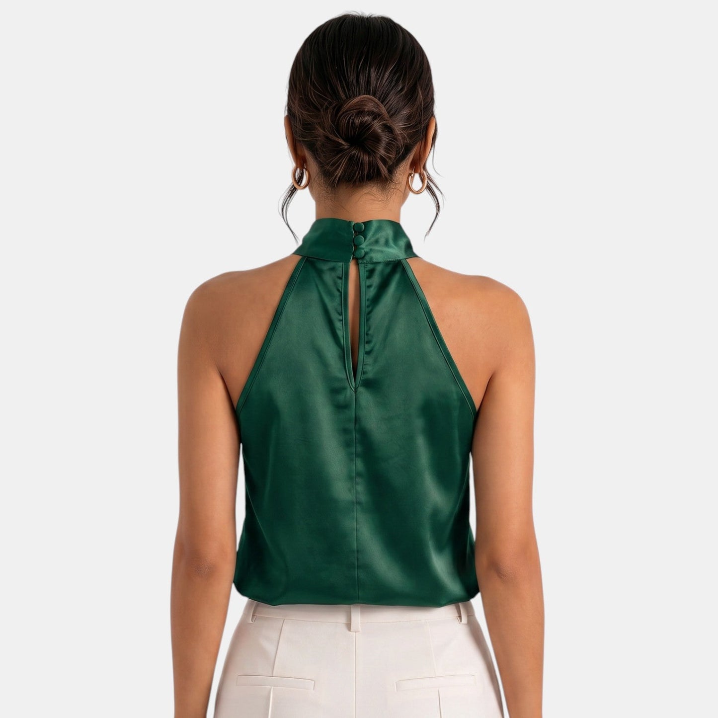 Top sin mangas con cuello halter de satén para mujer-Blouses for women-Casaluzia