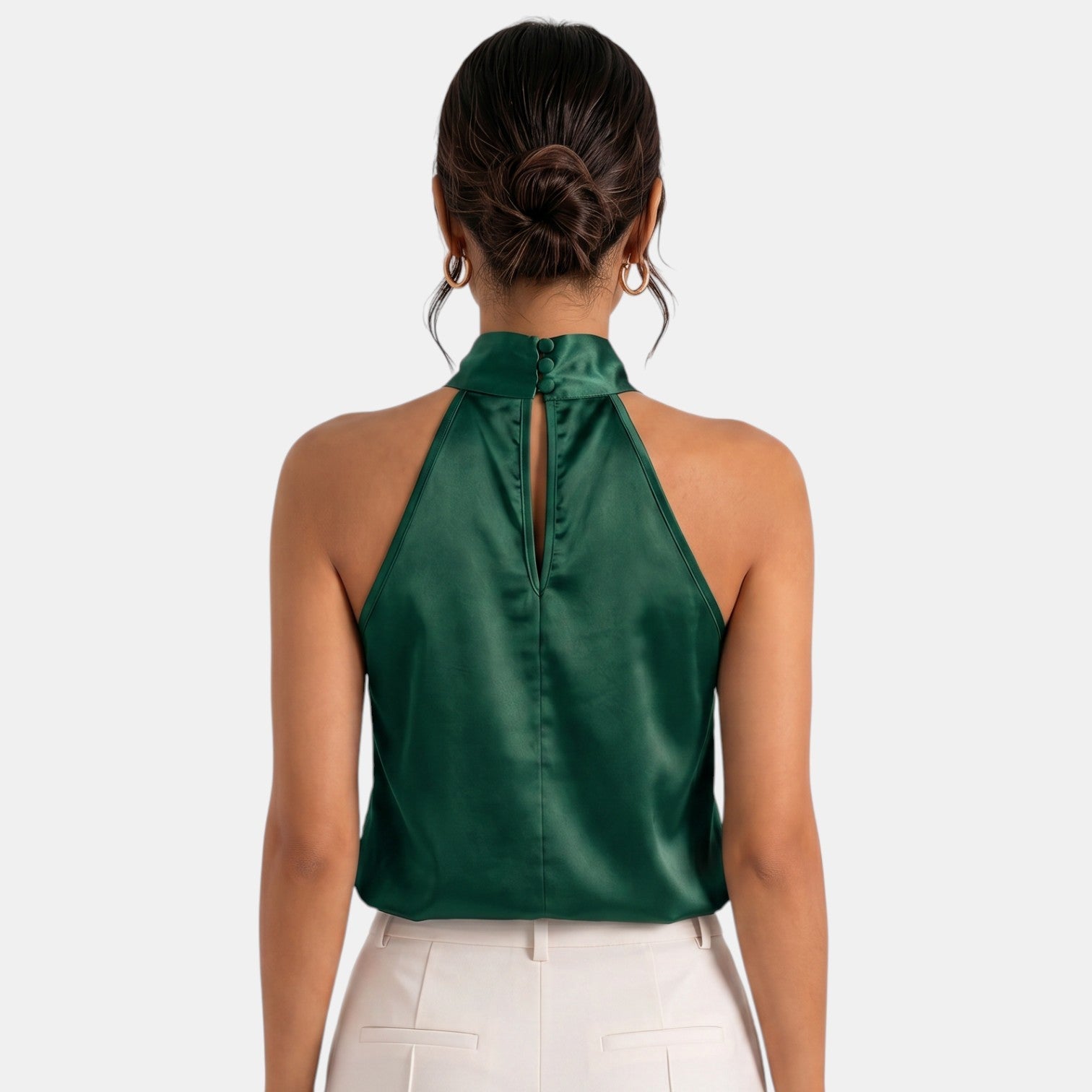 Top sin mangas con cuello halter de satén para mujer-Blouses for women-Casaluzia