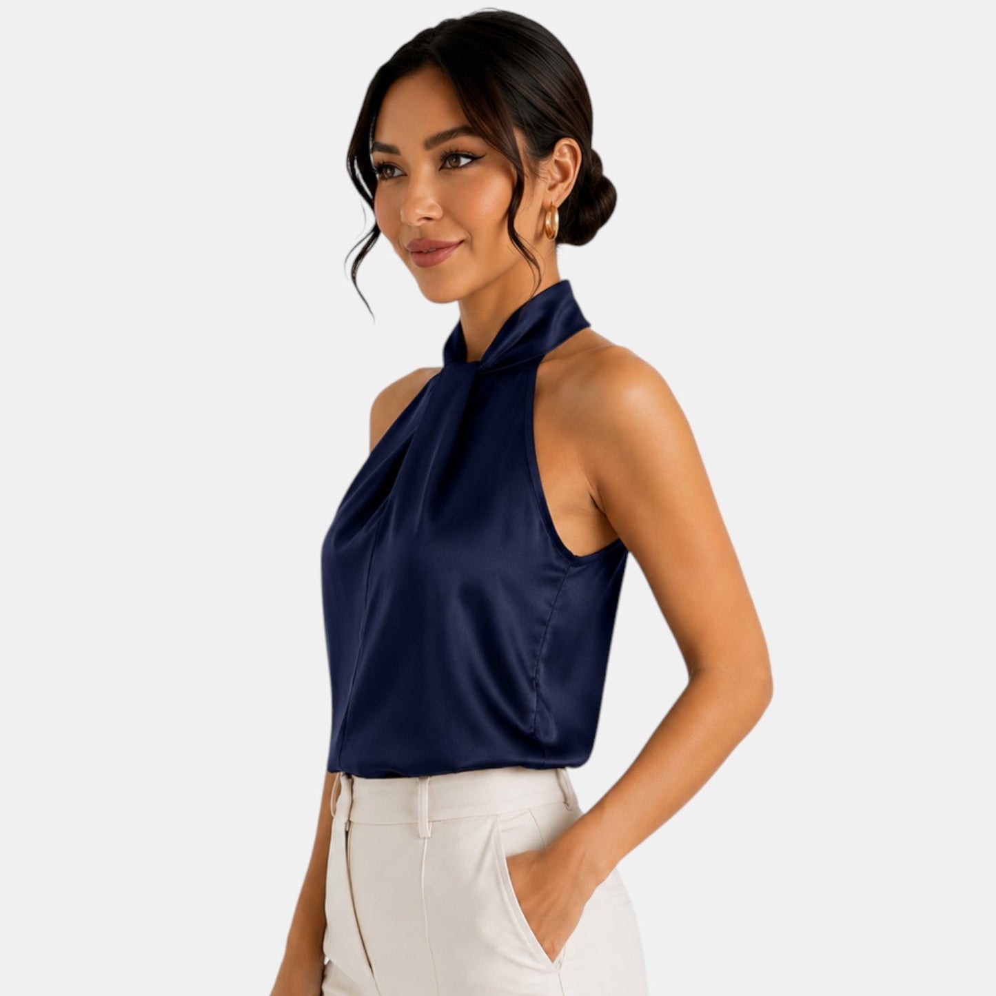Top sin mangas con cuello halter de satén para mujer-Blouses for women-Casaluzia