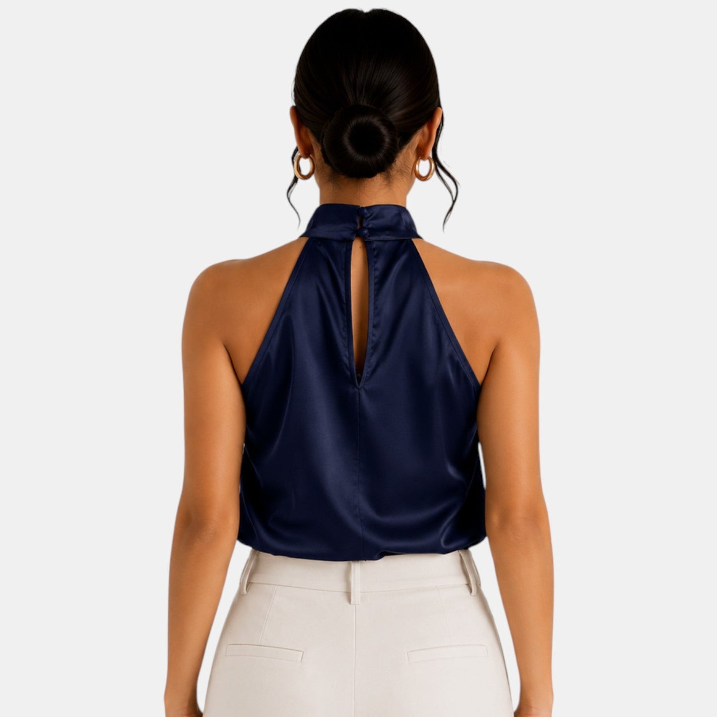 Top sin mangas con cuello halter de satén para mujer-Blouses for women-Casaluzia