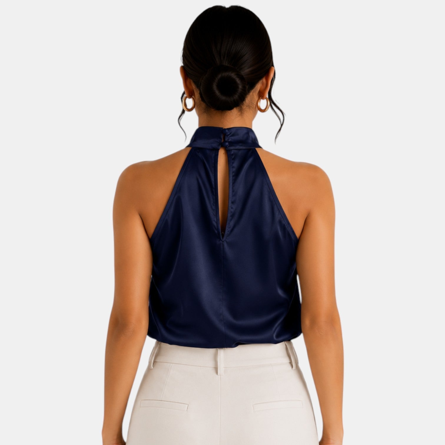 Top sin mangas con cuello halter de satén para mujer-Blouses for women-Casaluzia