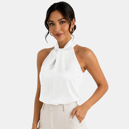 Top sin mangas con cuello halter de satén para mujer-Blouses for women-Casaluzia