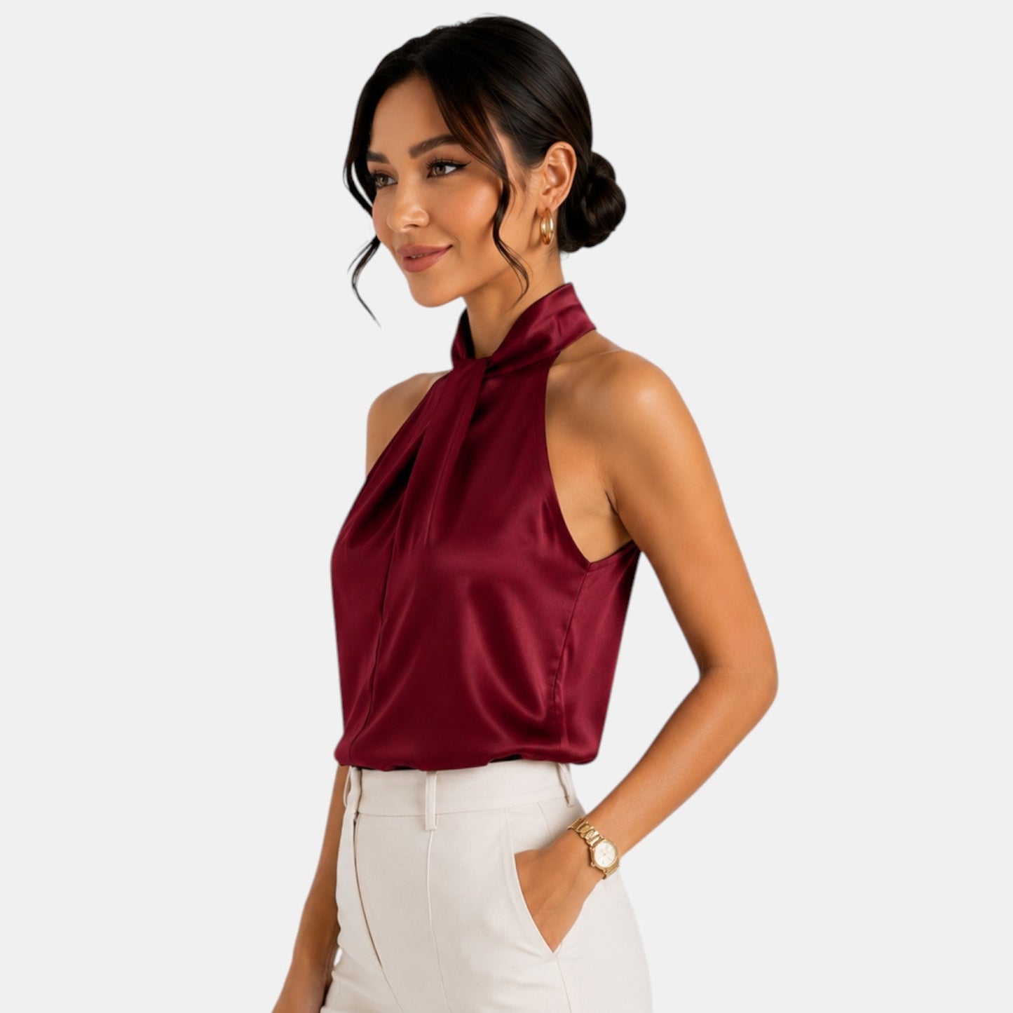 Top sin mangas con cuello halter de satén para mujer-Blouses for women-Casaluzia