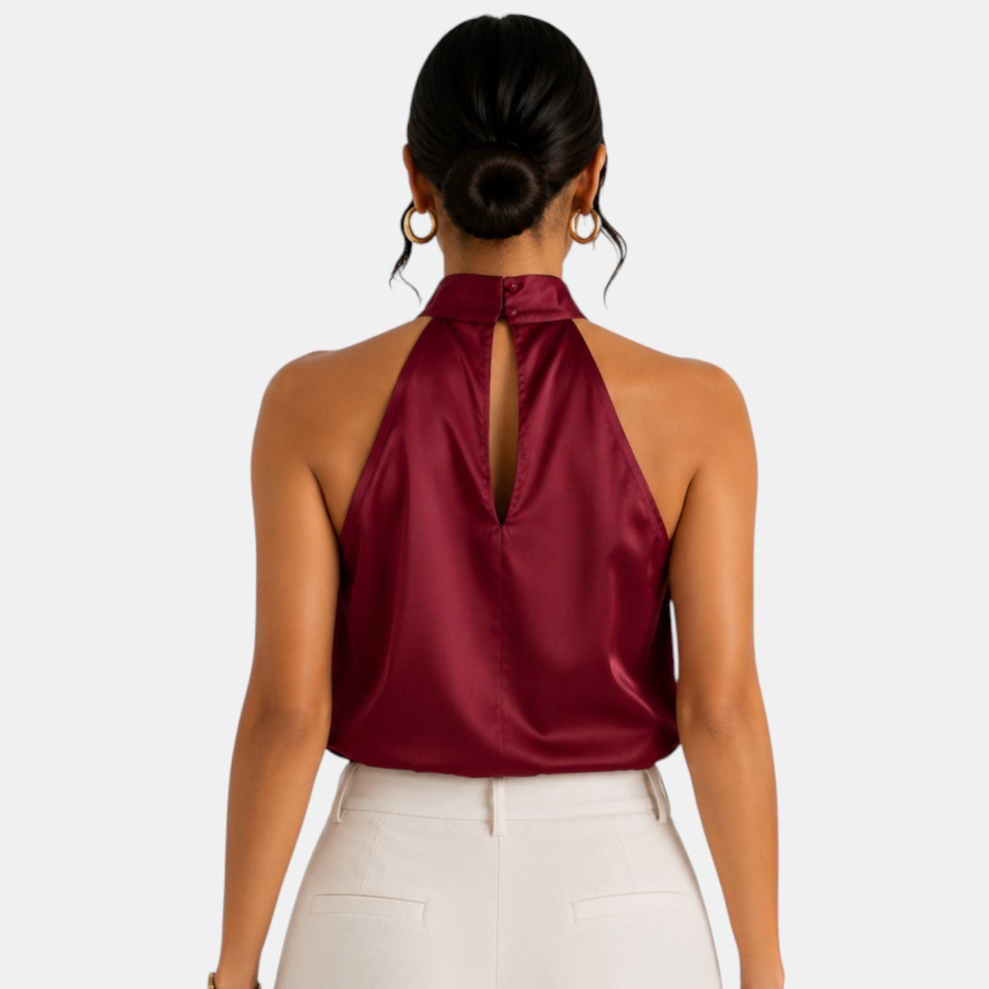 Top sin mangas con cuello halter de satén para mujer-Blouses for women-Casaluzia