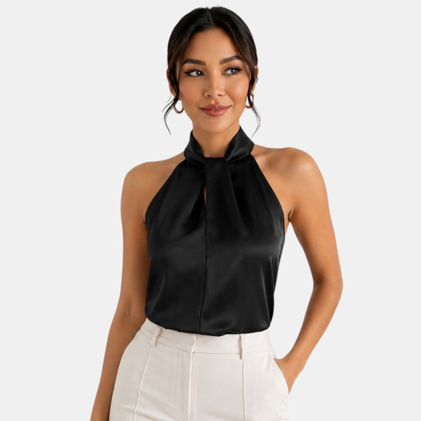 Top sin mangas con cuello halter de satén para mujer-Blouses for women-Casaluzia