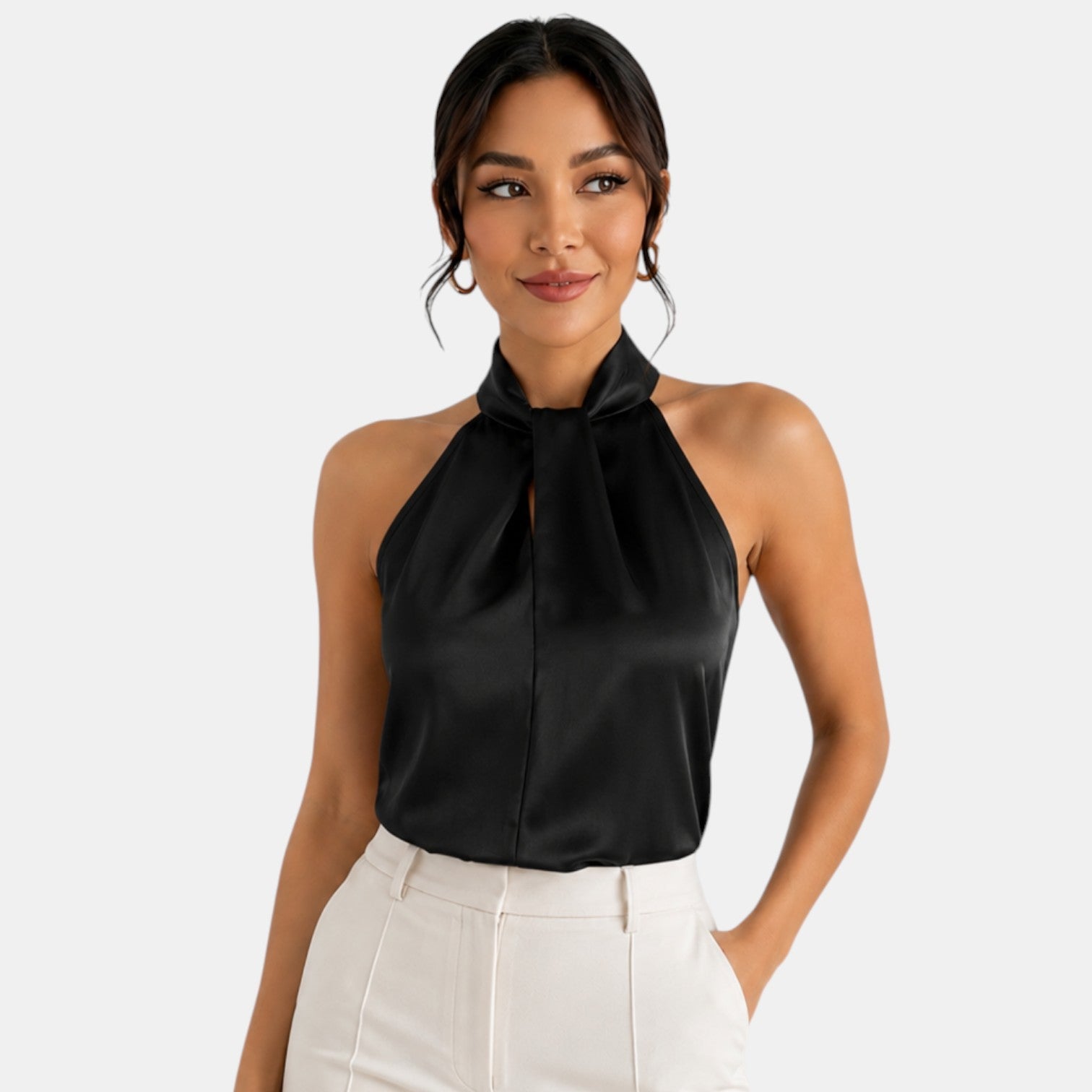 Top sin mangas con cuello halter de satén para mujer-Blouses for women-Casaluzia