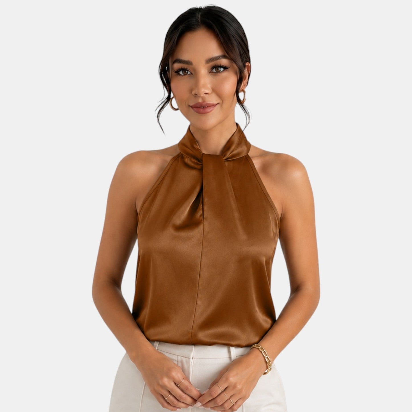 Top sin mangas con cuello halter de satén para mujer-Blouses for women-Casaluzia