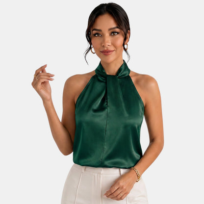 Top sin mangas con cuello halter de satén para mujer-Blouses for women-Casaluzia