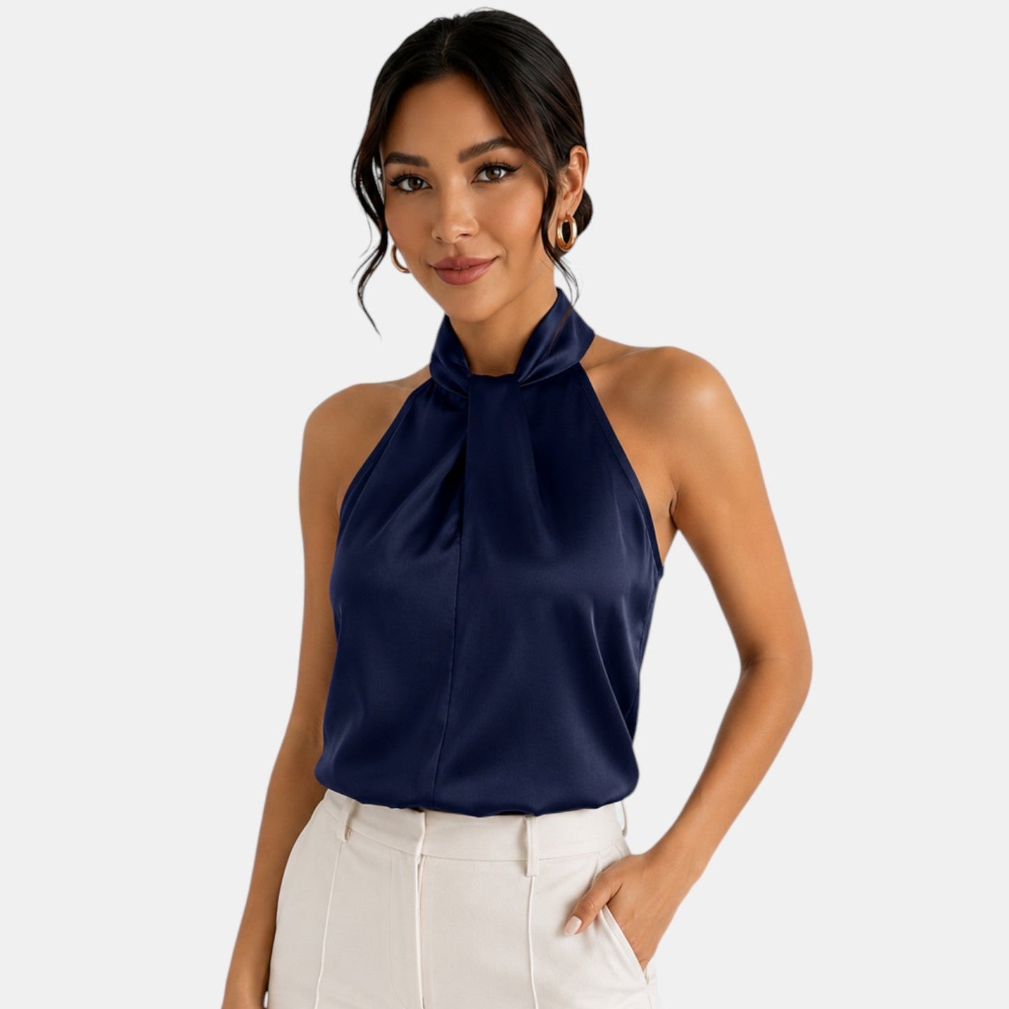 Top sin mangas con cuello halter de satén para mujer-Blouses for women-Casaluzia
