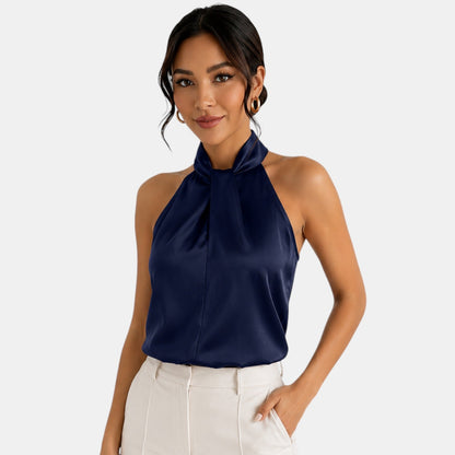 Top sin mangas con cuello halter de satén para mujer-Blouses for women-Casaluzia