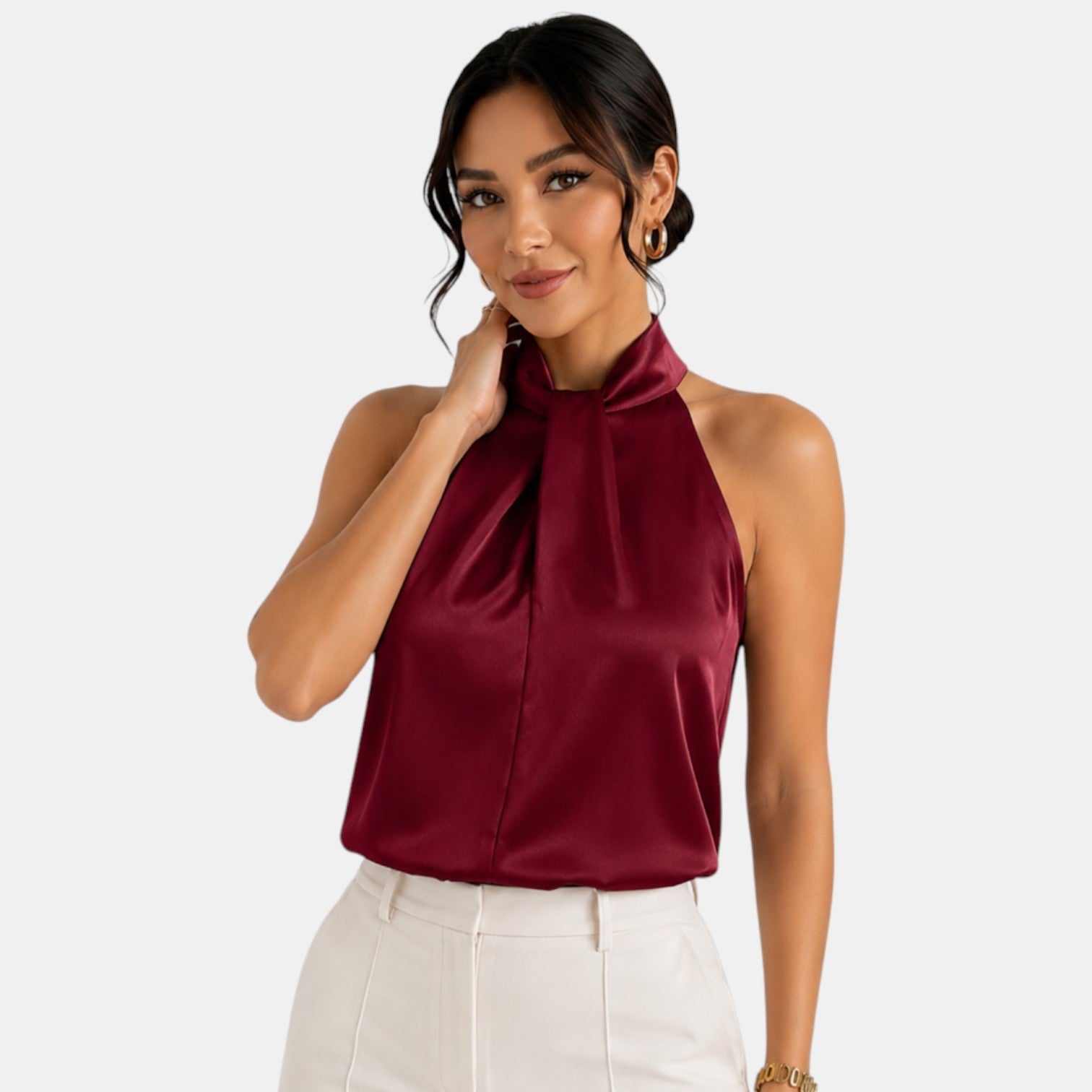Top sin mangas con cuello halter de satén para mujer-Blouses for women-Casaluzia