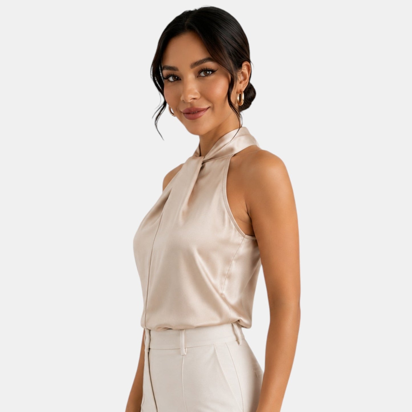Top sin mangas con cuello halter de satén para mujer-Blouses for women-Casaluzia